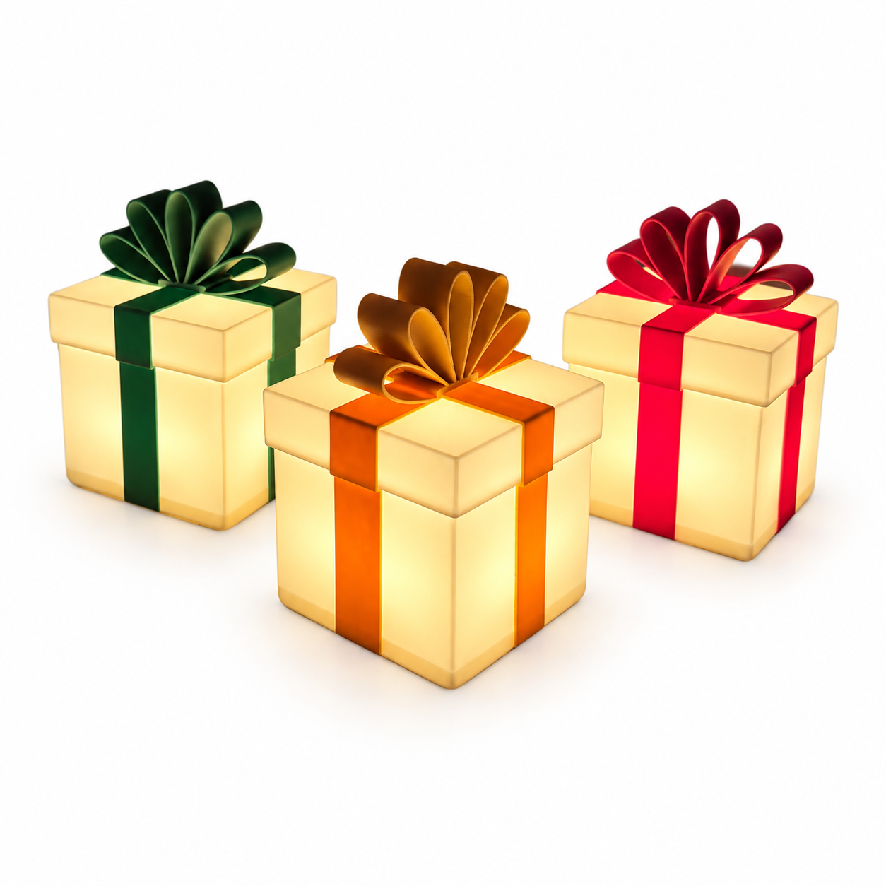 Three Christmas packages lit up on a white background.